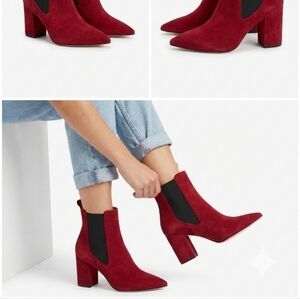 PARIS TEXAS Red Suede Pointed Toe Chelsea Boots Block Heel Made in Italy Size 37